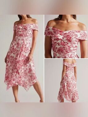 Ted Baker London Eloisi Bardot Red White Floral Midi Dress Ted Sz 2/US Sz 6